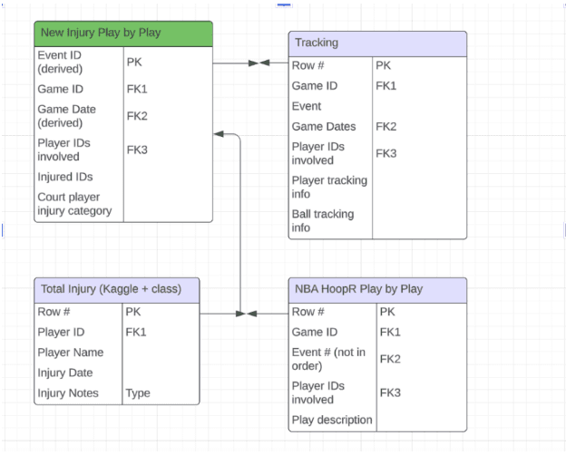 Data schema diagram for injury modeling
